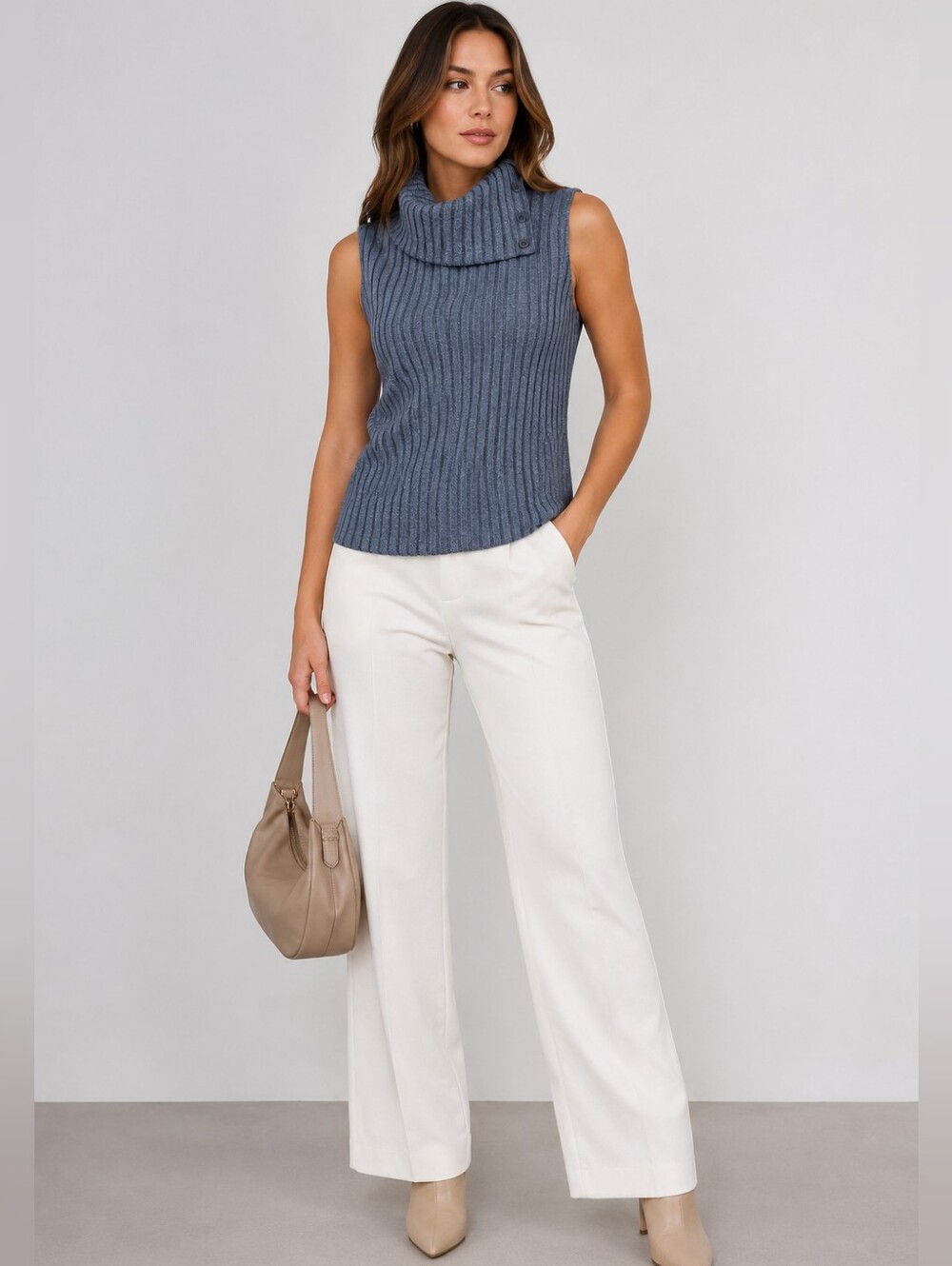 Andrew Marc New York Sleeveless Ribbed Cowl Neck Sweater Top - Blue